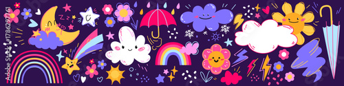 Weather cute kid cartoon set - cloud, sun and rainbow characters, smiling icons of flowers, umbrella and rain droplets, stars on dark purple. Playful kawaii stickers for children educational design.