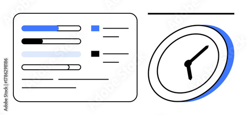 Progress bars next to items, a simple clock emphasizing scheduling, timelines, and tracking. Ideal for productivity, time tracking, task management, planning efficiency deadlines organization. A
