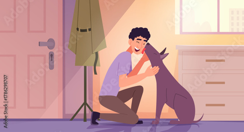 Cats and dogs. Happy pets owners playing with domestic animals exact vector cartoon background