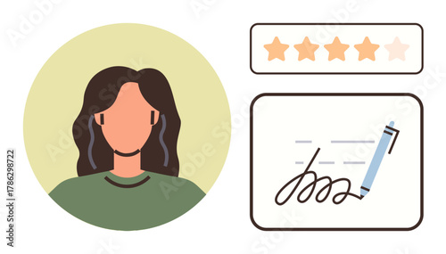 Womans profile icon, five-star feedback card, and signature with pen. Ideal for user reviews, feedback, evaluation, customer satisfaction, e-signing ratings personal identity. Simple flat metaphor