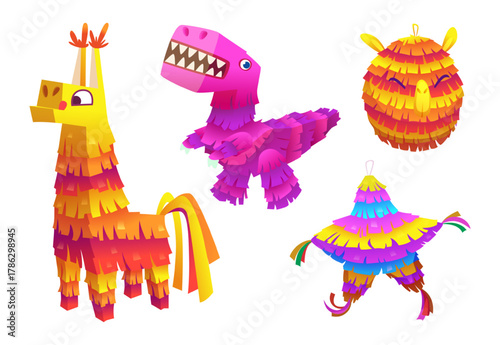 Pinatas. Cartoon mexican party toys with sweets exact vector different pinatas