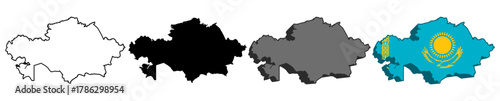 set vector Kazakhstan flag in map icon. Detailed Kazakhstan map silhouette. 3D isometric Kazakhstan map symbol design template illustration