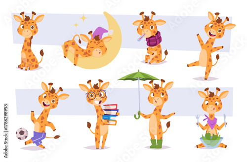 Giraffe. Zoo animal in different poses exact vector baby animal playing