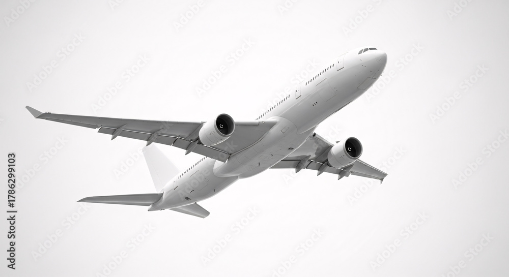 Obraz premium Side view of a modern commercial airplane flying isolated on white background