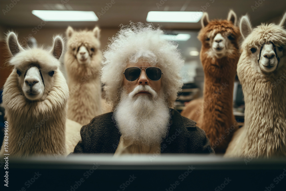 Obraz premium Surreal portrait of bearded senior man with sunglasses surrounded by alpacas and llamas in indoor office setting creating humorous unexpected animal and human composition.