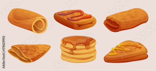 Pancakes. Delicious dessert pancakes with syrup chocolate and fruits exact vector food illustration in cartoon style
