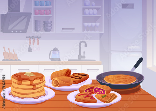 Pancakes. Tasty dessert food on kitchen table exact vector pancakes with syrup