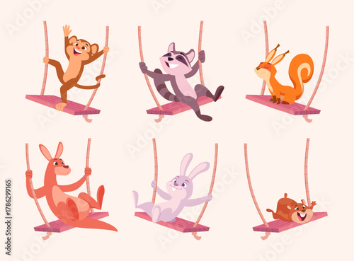 Animals on swing. Cute little baby characters riding outdoor on swings exact vector childish illustrations
