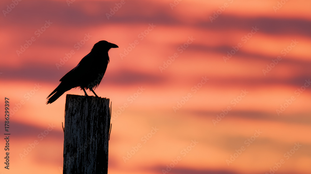Fototapeta premium Raven bird silhouette perched on post at sunset