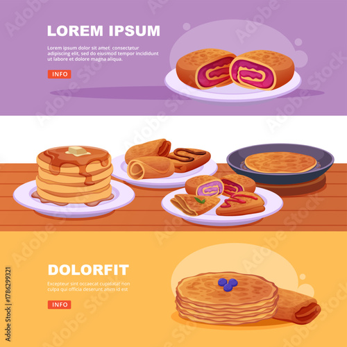 Pancakes. banners with different delicious pancakes on plates
