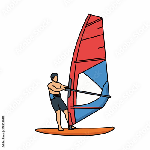 Windsurfer Riding with Bright Sail Vector Illustration