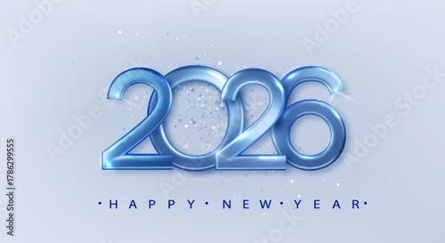2026 Blue metal number for New Year Celebration. Festive Christmas bright banner. Realistic Golden 3d number