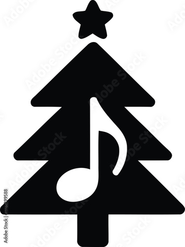 Musical christmas tree icon with a festive star on top, elegantly integrating a melodious eighth note, symbolizing holiday carols, seasonal celebrations, and festive joy in a 