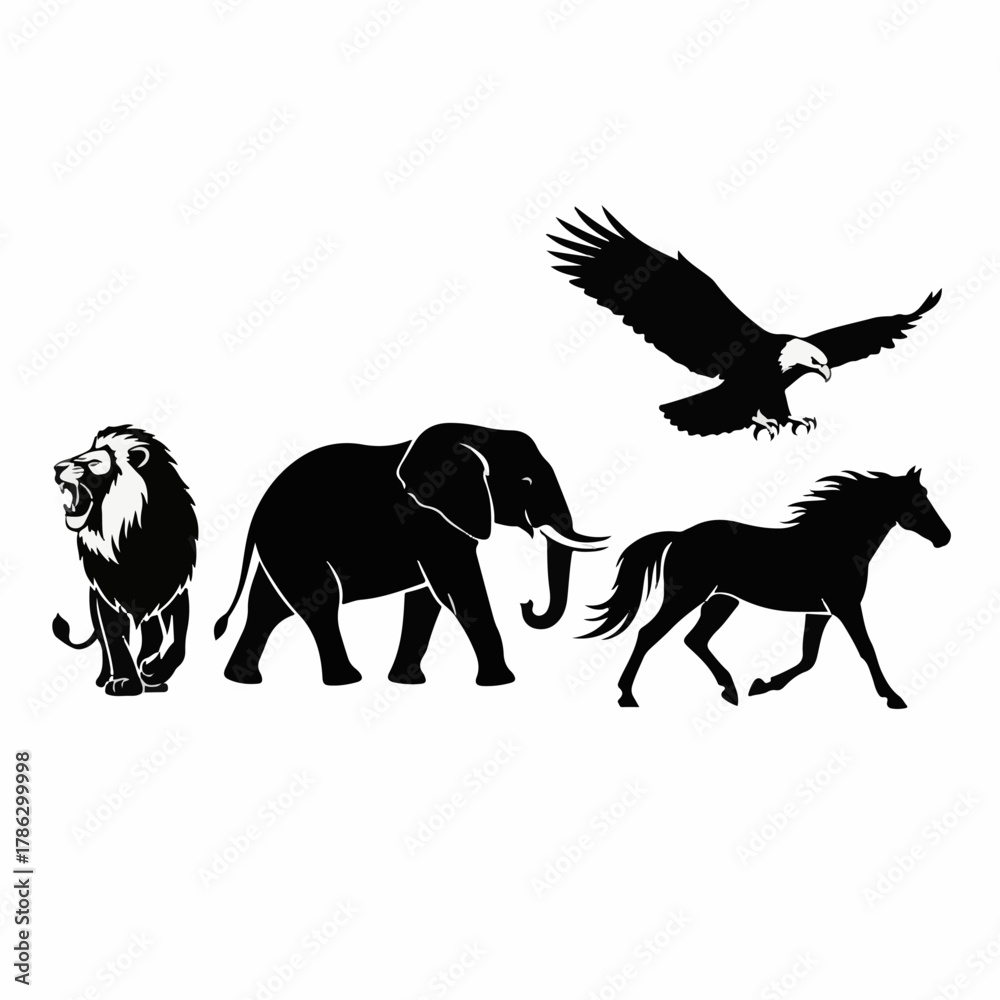 Fototapeta premium Wild Animal Silhouettes Vector Set – Elephant, Horse, Eagle & More