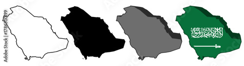 set vector saudi arabia flag in map icon. Detailed saudi arabia map silhouette. 3D isometric saudi arabia map symbol design template illustration
