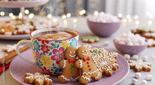 Hot chocolate with gingerbread man and christmas cookies on plate with marshmallows
