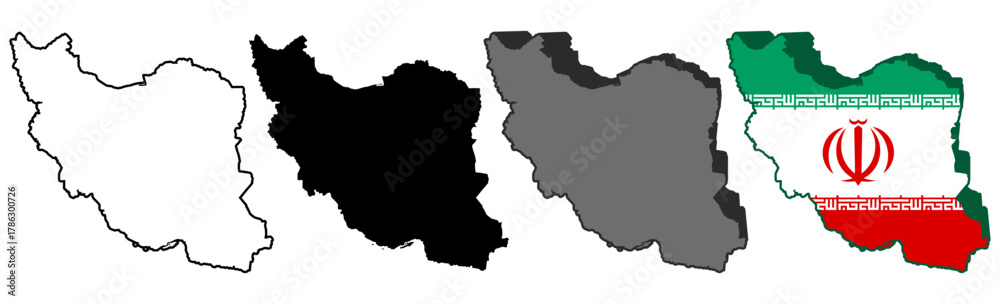 Obraz premium set vector iran flag in map icon. Detailed iran map silhouette. 3D isometric iran map symbol design template illustration