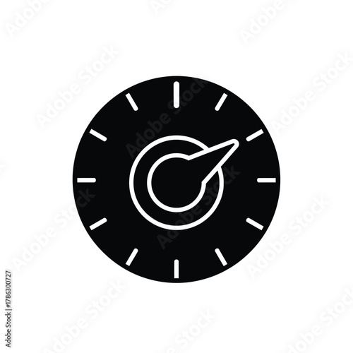 Black circular dial with white indicator and markings