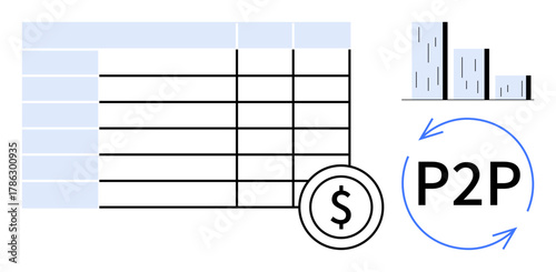 Table with rows and columns, bar chart, dollar sign, P2P arrows symbolizing transactions. Ideal for finance, data analysis, peer-to-peer exchange, budgeting, reporting statistics simple flat