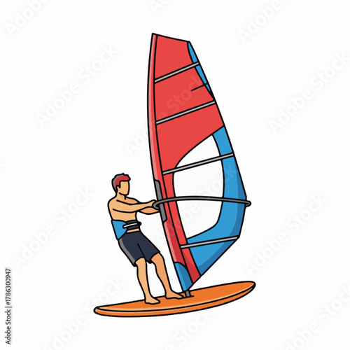 Windsurfer Riding with Bright Sail Vector Illustration