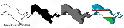 ZSset vector uzbekistan flag in map icon. Detailed uzbekistan map silhouette. 3D isometric uzbekistan map symbol design template illustrationn