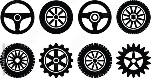 Set of Vector Black Car Steering Wheels and Tires Icons Isolated on White Background Automotive Indu