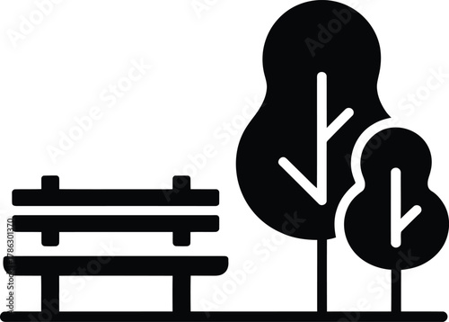 Simple black and white silhouette of a park bench with trees in the background