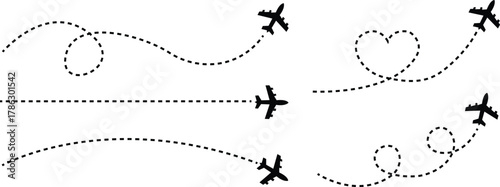 Airplane route with dotted flight path. Flying plane symbol with twisted, curved, straight and heart shape dashed trace path. Transparent png and vector illustration