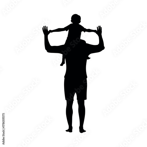 Silhouette of father carrying son on shoulders
