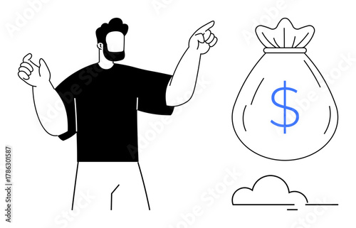 Man gestures toward large money bag with dollar sign next to a small cloud. Ideal for finance, investment, savings, economic growth, financial planning, opportunity, minimalistic design. Simple flat