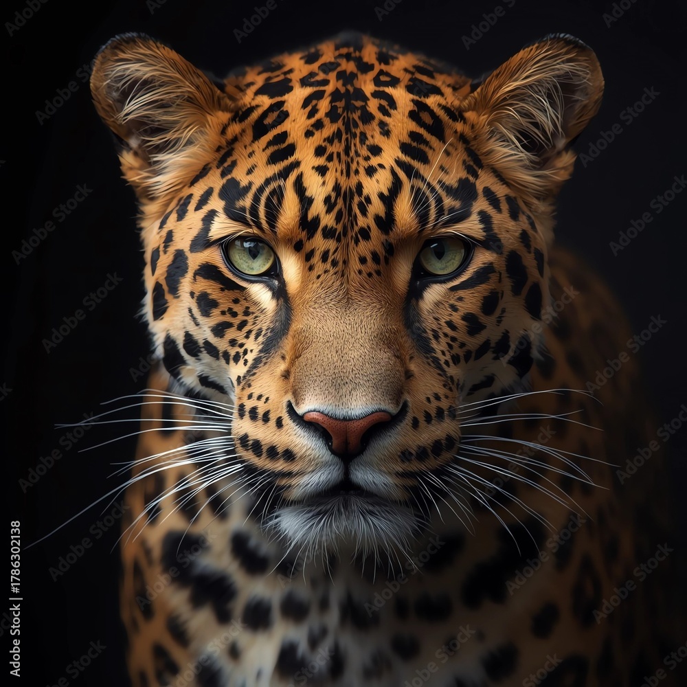 Obraz premium Close-up portrait of a majestic leopard with sharp green eyes and detailed fur, isolated on a dark background, showcasing power and elegance.