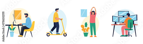 Diverse work habits employee working at a desk, riding a scooter, stretching, and using multiple monitors