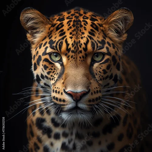 Fototapeta Close-up portrait of a majestic leopard with sharp green eyes and detailed fur, isolated on a dark background, showcasing power and elegance.