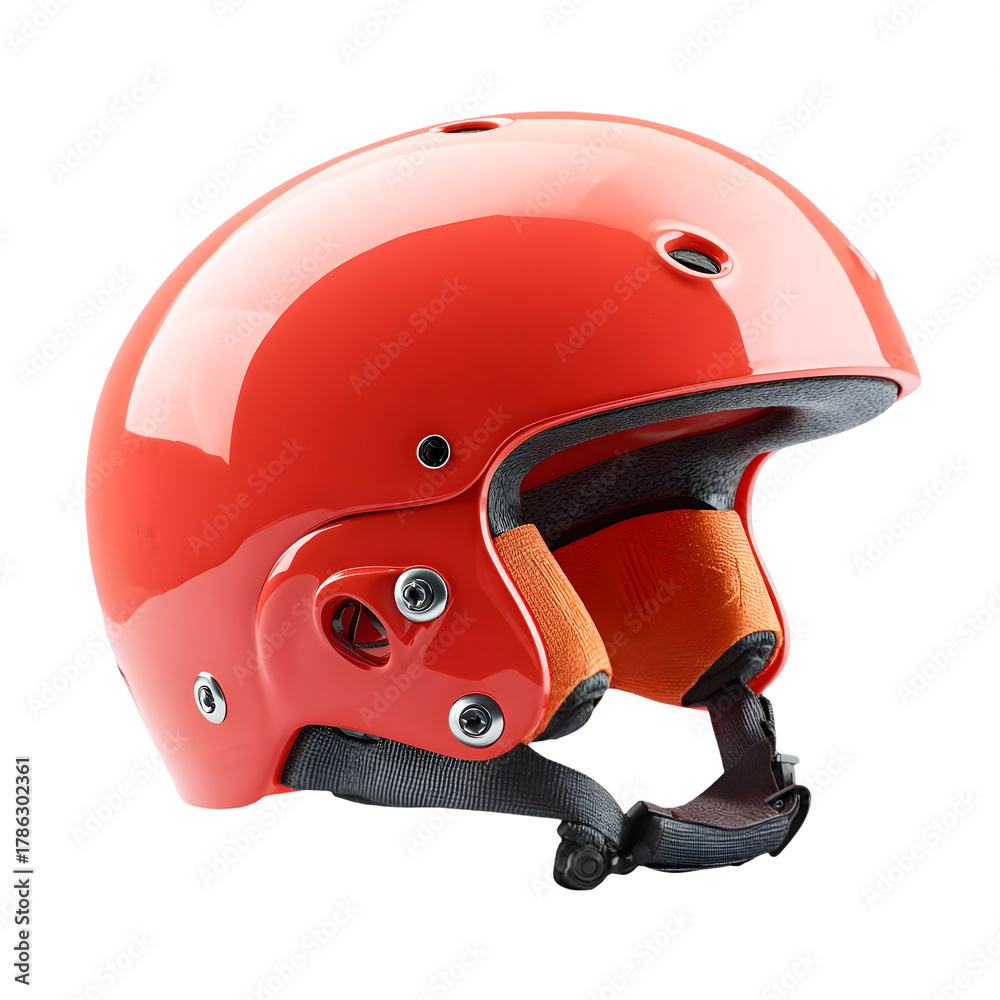 Fototapeta premium Bright red protective helmet for extreme sports and outdoor activities isolated on transparent background