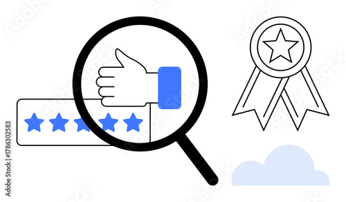 Magnifying glass focuses on thumbs-up and five-star rating, medal for achievement, and cloud. Ideal for review, recognition, quality, success, feedback achievement and trust concepts. Simple flat