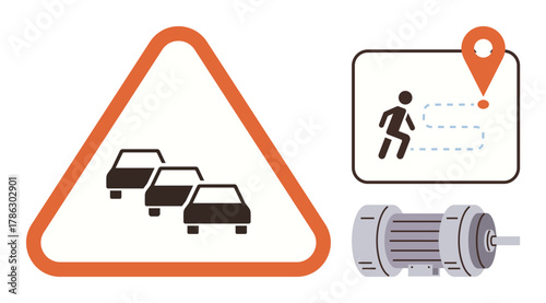 Traffic congestion sign, walking path with location marker, and electric motor. Ideal for transportation, navigation, energy, safety, industrial design automation road infrastructure. Simple flat