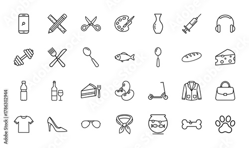 Lifestyle line icon set. Vector pictograms of a smartphone, art supplies, medical tools, food, beverages, fashion items, and pet essentials, thin linear illustration.