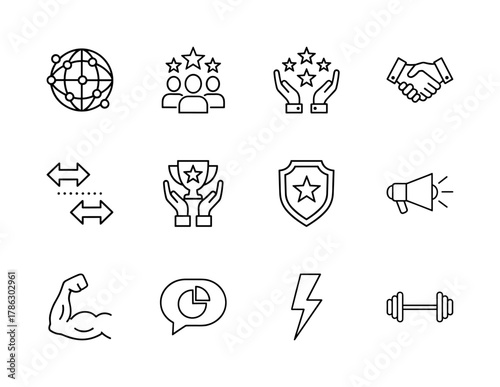 Business success and achievement line icon set. Vector pictograms of global network, team, quality, handshake, trophy, shield, megaphone, strength, chart, and power, thin linear illustration.