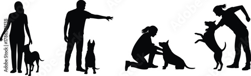 Dog training silhouettes, human interaction, pet commands, black shapes, obedience poses, animal behavior, silhouette illustration, bonding moment, casual posture, companion scene