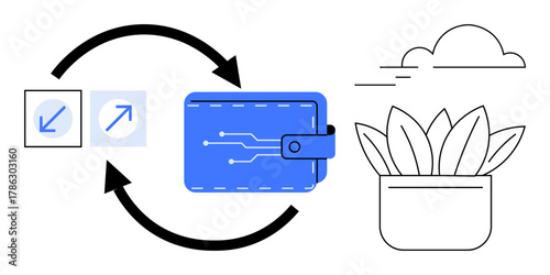 Wallet with circuit design, directional exchange arrows, potted plant, and cloud. Ideal for fintech, sustainability, digital payment, eco-consciousness innovation growth and technology. Simple