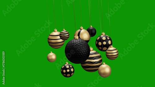 golf Christmas hanging ball video 4k animation. Green screen Merry Christmas greeting card. Hang on a thread xmas ornament ball golden bauble on green horizontal background