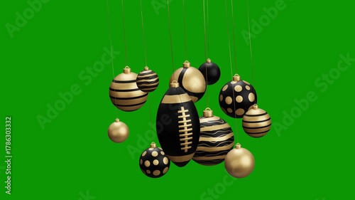 rugby Christmas hanging ball video 4k animation. Green screen Merry Christmas greeting card. Hang on a thread xmas ornament ball golden bauble on green horizontal background