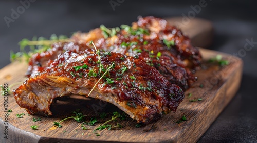 Fototapeta Naklejka Na Ścianę i Meble -  Spicy barbecued ribs a gourmet delight on rustic wood herbs enhance rich flavor