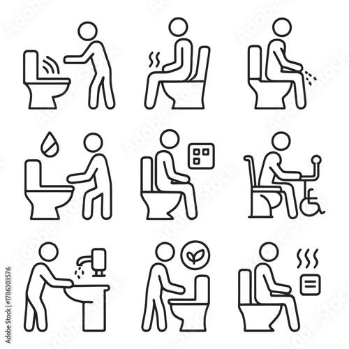 A set of 9 modern outline (line) vector icons illustrating various aspects of a modern toilet and bathroom environment