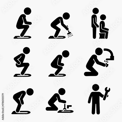 Squat Toilet Use, Hygiene, and Maintenance Silhouette Icons Set