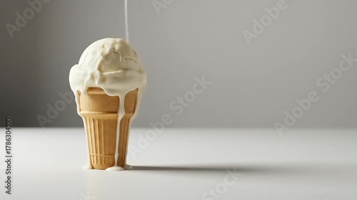 Melting ice cream cone with creamy topping on a minimalist white background, evoking summer vibes