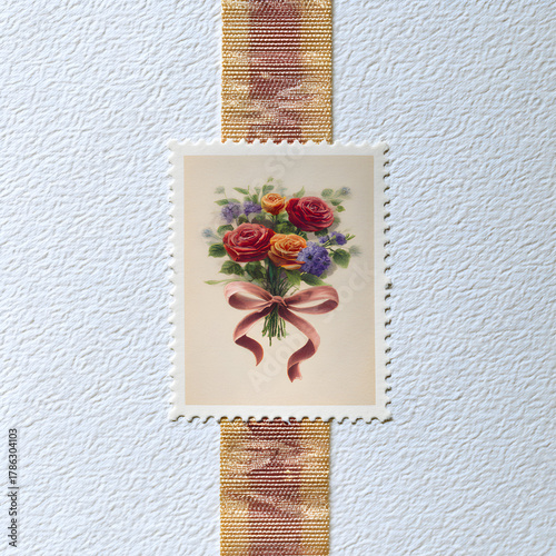 Postage stamp featuring a beautiful bouquet of red roses with colorful accents and a flowing ribbon design on a textured background