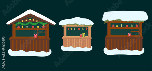Set of winetr stall , holiday fair stands and shops isolated, element, flat vector 