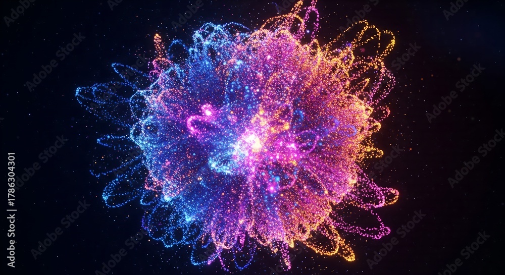 Naklejka premium An abstract, vibrant explosion of neon particles in blue, purple, and orange on a dark background, depicting energy or a cosmic event
