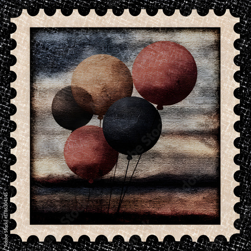 Holiday postage stamp featuring colorful balloons against a vibrant sunset sky